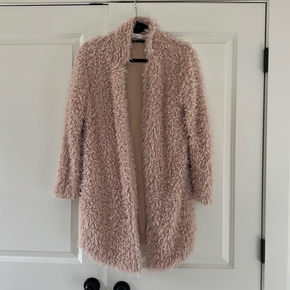 Peachy pink, fuzzy cardigan